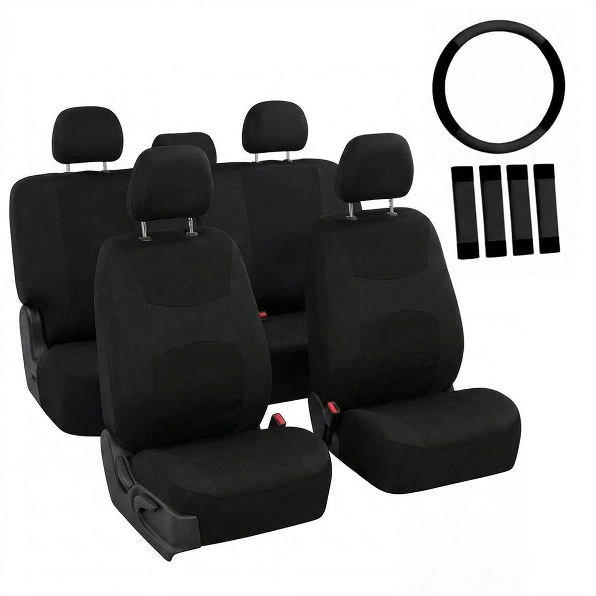 FH GROUP FB030BLACK115-COMBO Seat Cover Combo Set with Steering Wheel Cover and Seat Belt Pad (Airbag Compatible and Split Bench Black)