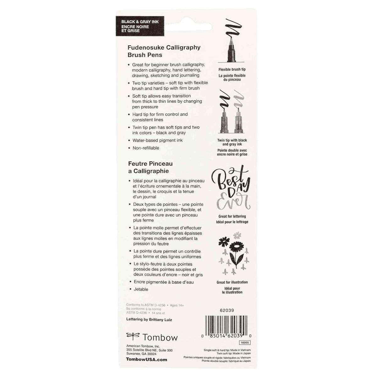 Tombow 62038 Fudenosuke Bolígrafo de pincel, paquete de 2 Punta suave y dura, Negro, Paquete de 3, 1, 3