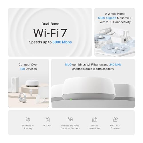 TP-Link Deco WiFi 7, Mesh BE5000 para Todo el hogar, hasta 5013 Mbps con MLO, 2 * 2.5G Puertos, Cobertura hasta 613 Metro. Deco BE25(3-Pack)
