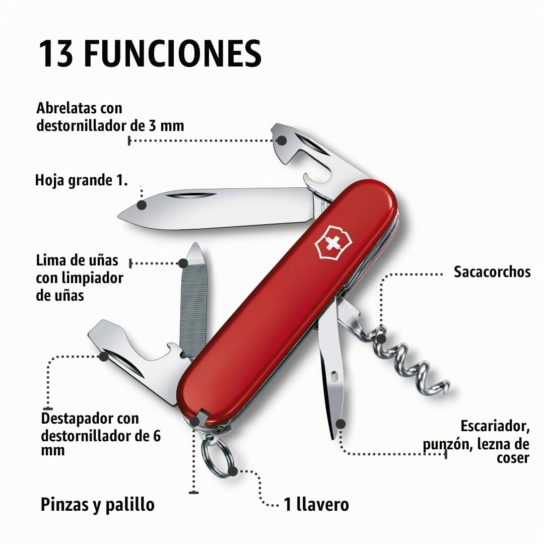 Victorinox Sportsman Tipo Oficial, Color Rojo, 13 Usos | Cuchillo suizo del ejército | cuchillo suizo victorinox | cuchillo suizo del ejército pequeño | cuchillo de bolsillo suizo |