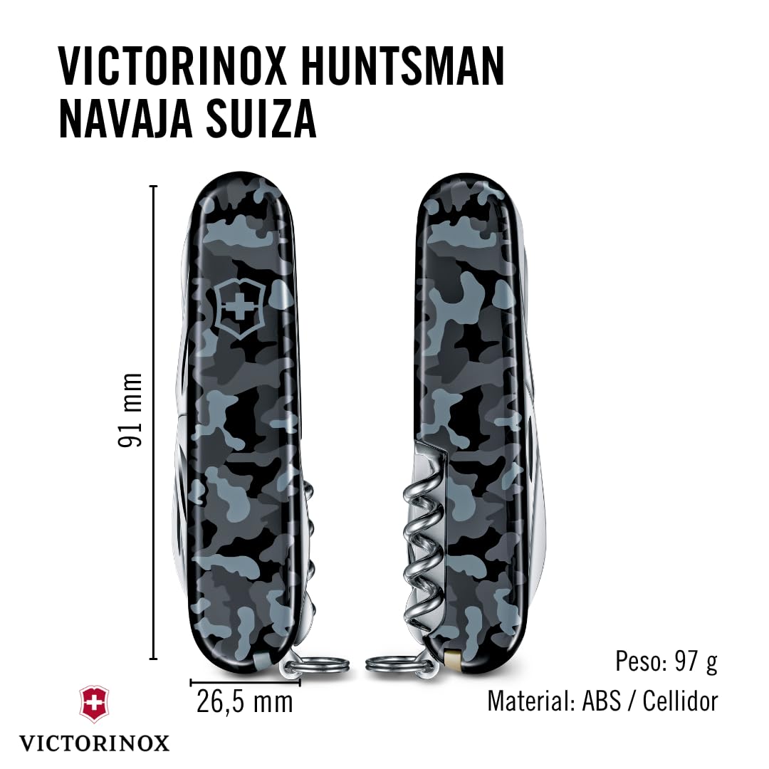 Victorinox Huntsman Navy Camuflage, 91 mm, 15 Usos | Cuchillo oficial con sierra para madera, tijeras, hoja y sacacorchos. Cuencos ABS de 91 mm de largo en camuflaje azul marino