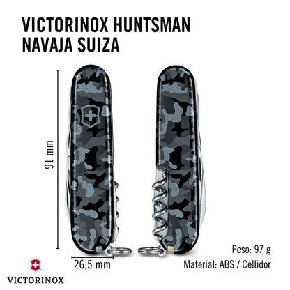 Victorinox Huntsman Navy Camuflage, 91 mm, 15 Usos | Cuchillo oficial con sierra para madera, tijeras, hoja y sacacorchos. Cuencos ABS de 91 mm de largo en camuflaje azul marino