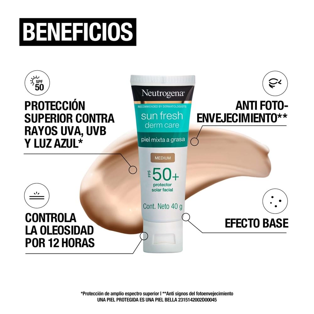Neutrogena Sun fresh Protector Solar Facial Tono Medio Dermcare Niacinamida FPS50+, 40g