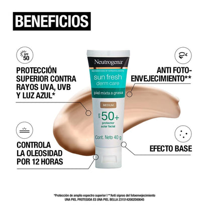 Neutrogena Sun fresh Protector Solar Facial Tono Medio Dermcare Niacinamida FPS50+, 40g