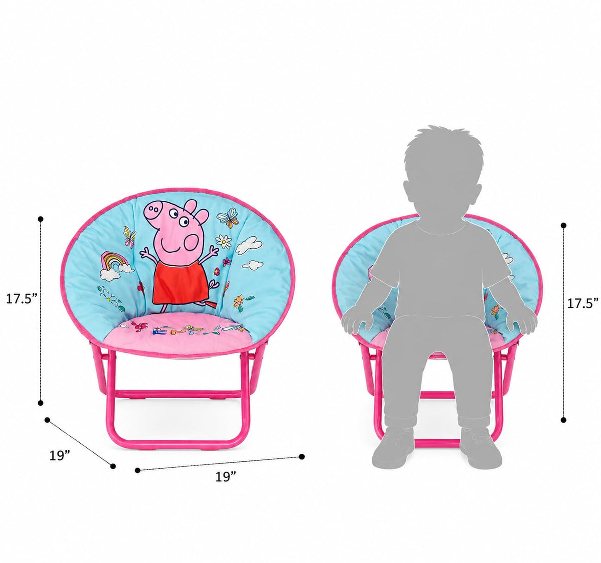 Idea Nuova Peppa Pig - Silla Plegable de 19 Pulgadas para recámara, Sala de Juegos o Sala de televisión, Silla para niños pequeños con Marco de Metal Plegable, portátil y cómoda, a Partir de 3 años