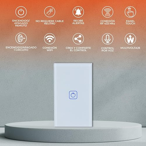 Tecnolite Connect - Apagador Inteligente Táctil WiFi 1 Circuito, Sin Cable Neutro, Compatible con App móvil, Alexa, Google y Siri, Interruptor Inteligente