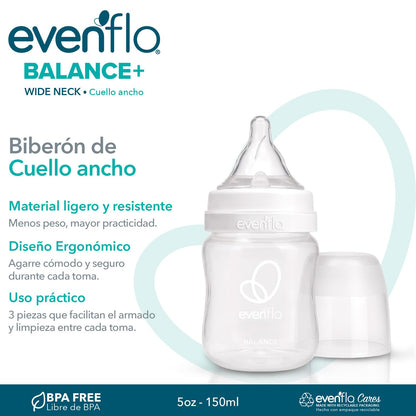 Evenflo Balance+ Biberones de Polipropileno Cuello Ancho 5 oz con Mamila Flujo Lento 2 Pack