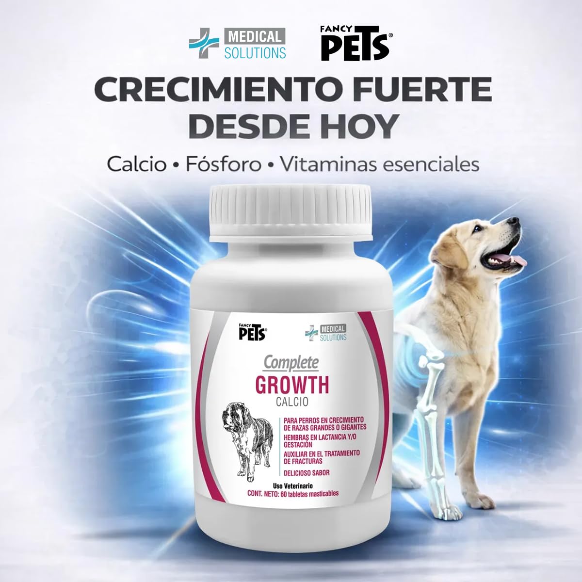 Fancy Pets MS Complete Growth Suplemento para Perros con Vitaminas, Minerales, Calcio, Fósforo y Omega 3 y 6 Tabletas Masticables 60 Tab
