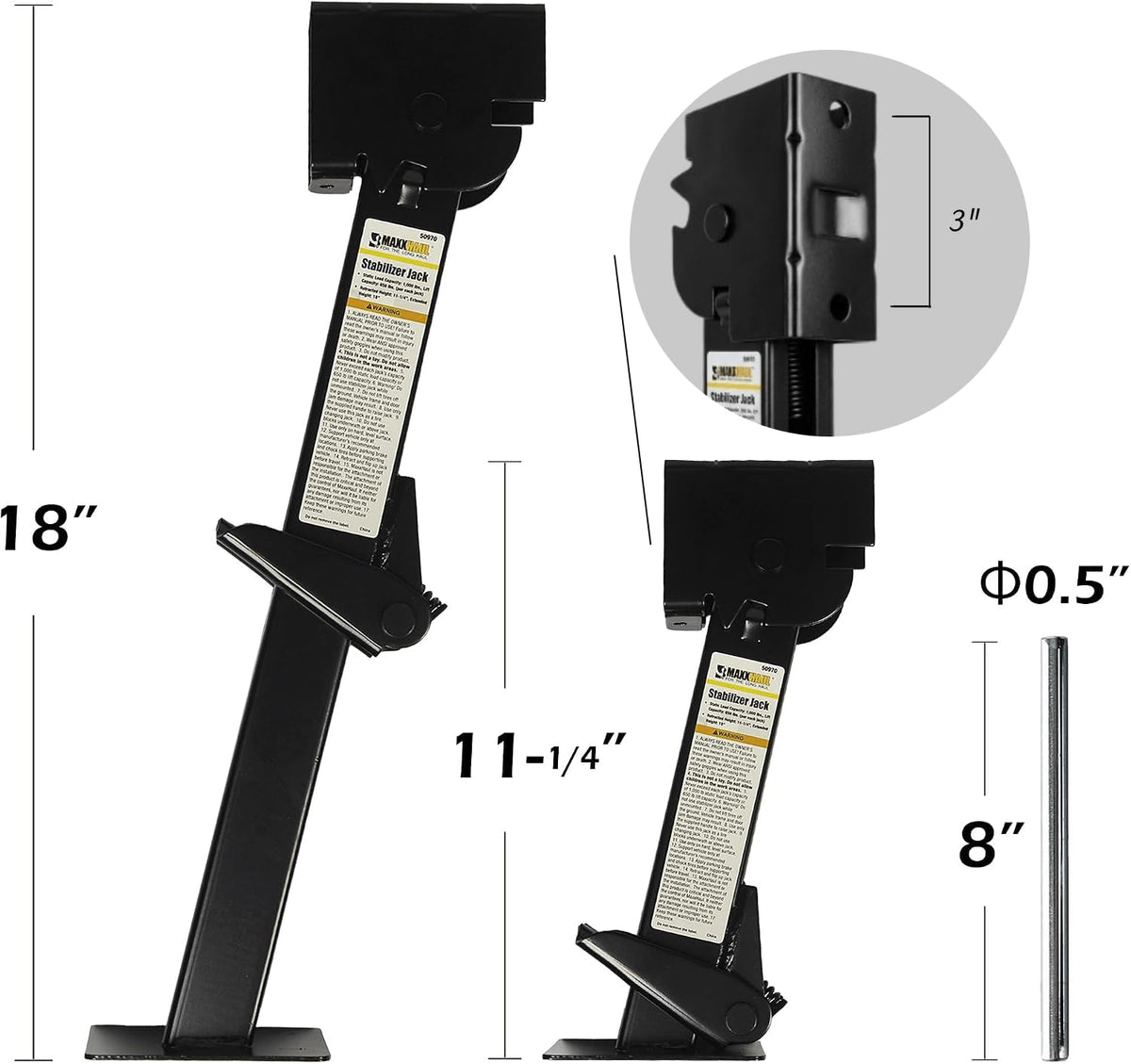 MaxxHaul 50970 - Gatos estabilizadores telescópicos para Remolque, Accesorios para Caravana, 1000 Libras, Capacidad Cada uno de 12 a 18 Pulgadas, Juego de 2