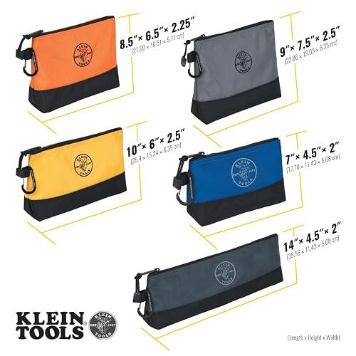 Klein Tools 55569 - Bolsa de Herramientas con Cierre y mosquetones, Parte Inferior Reforzada, Resistente al Agua 1680d, Paquete de 5 tamaños