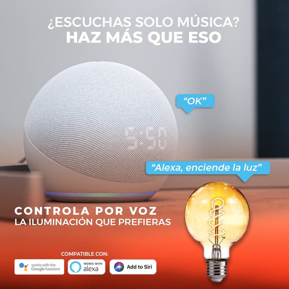 Tecnolite Connect - Foco Vintage LED Inteligente G25 WiFi 5.5W - Luz Blanca Dinámica, Atenuable, Bombilla Edison Compatible con Alexa, Google Assistant, Atajos de Siri y App móvil