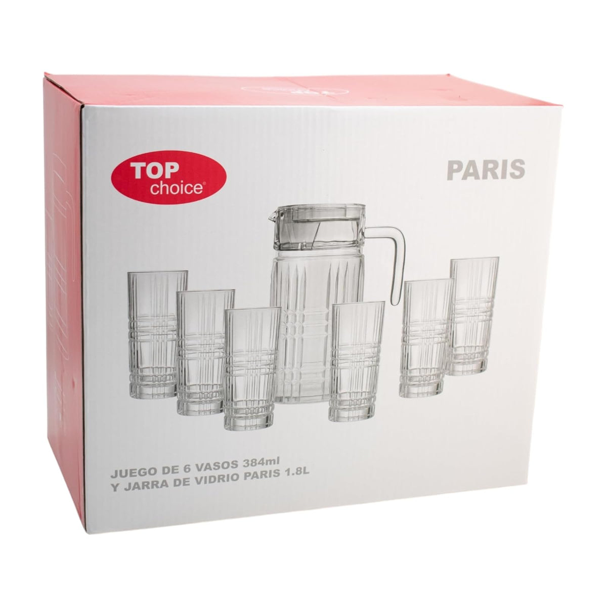 Top Choice - Juego de Cristalería París, 7 Piezas, Incluye Jarra de 1.8 Litros y 6 Vasos de 384 ml, Vidrio con Relieve Geométrico Elegante, Ideal para Agua, Jugos y Bebidas Frías
