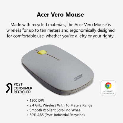 acer Vero Mouse de 3 Botones | 2.4 GHz inalámbrico | 1200 dpi | Fabricado con Material Reciclado postconsumo (PCR) | Certificado Funciona con Chromebook | Gris