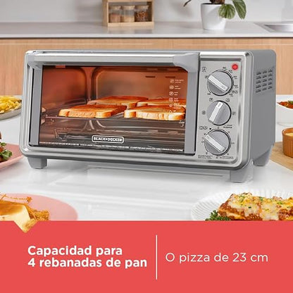 Black+Decker Horno Tostador de 4 Rebanadas con 5 Funciones, TO4130-1SDLA | 1150W, Tecnología EvenToast con 5 funciones: hornear, asar, tostar, calentar y recalentar
