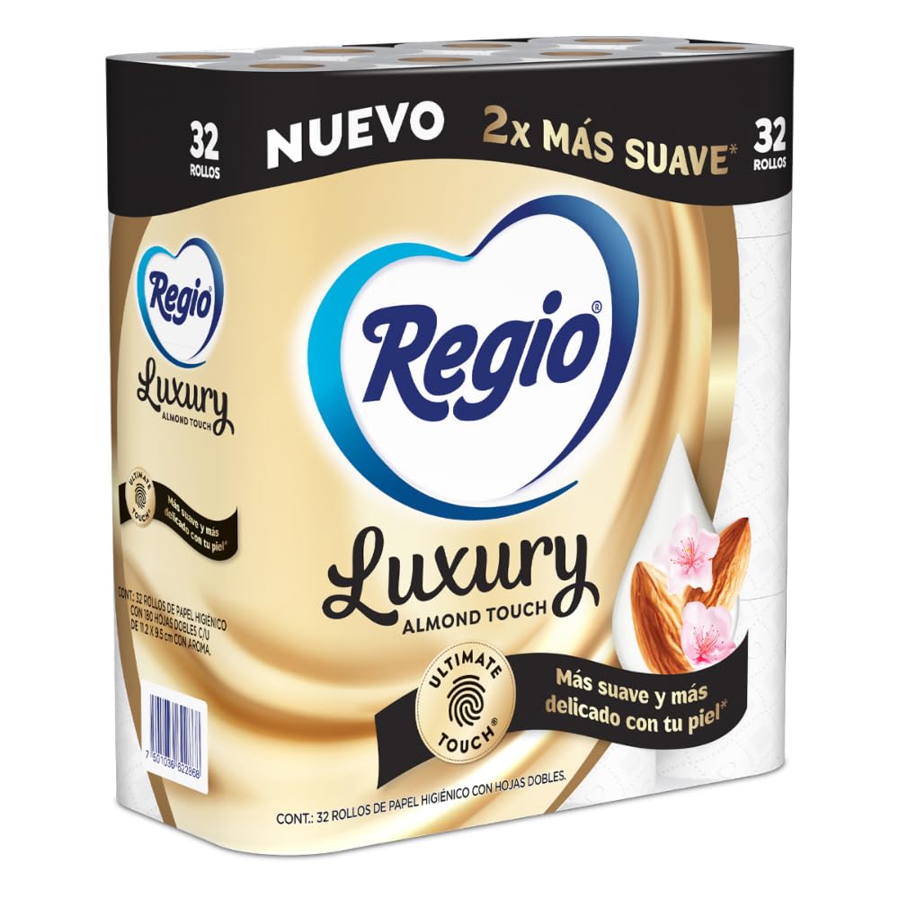 Regio Papel Higiénico Luxury Almond Touch, Ligero Aroma A Almendras Y Hojas Dobles, 32 Rollos