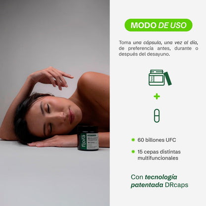 FLORA 01 | Simbiótico Diario | Probióticos 60 Billones UFC 15 Cepas | Apoyo Digestivo, Bienestar Intestinal y Metabolismo | 30 cápsulas.