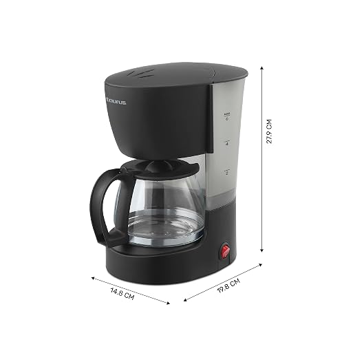 TAURUS COFFEE MAX 6, Cafetera de Goteo con Filtro Permanente, 600 ml, Cafetera 6 Tazas, Anti-goteo, 650 W, Jarra de vidrio, Placa calefactora, Interruptor luminoso