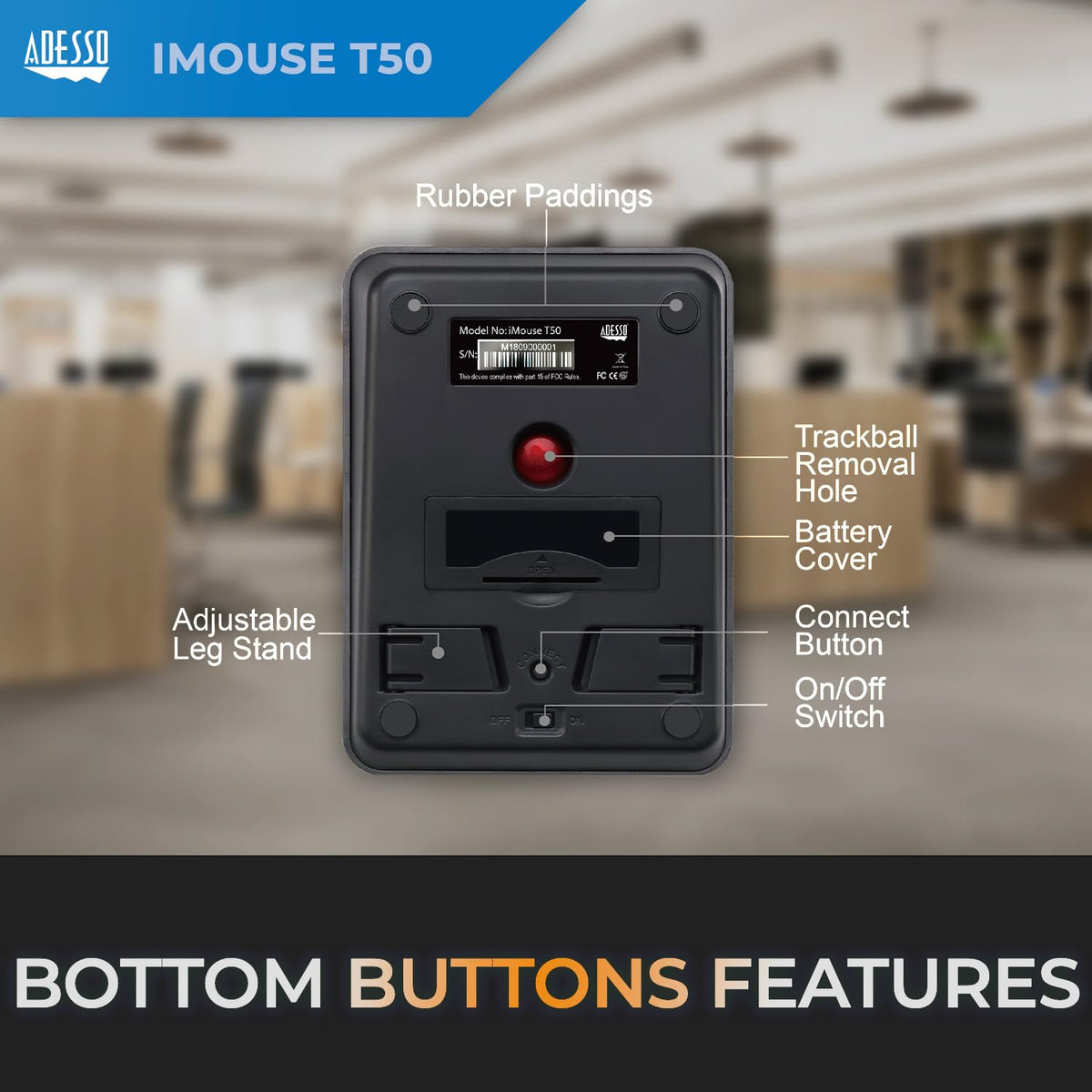 Adesso iMouse T50 Wireless Ergonomic Finger Trackball Mouse with Nano USB Receiver, Programmable 7 Button Design, and 5 Level DPI Switch, for Left and right Hand