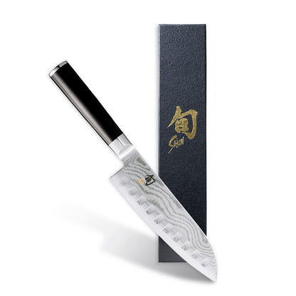 Shun Classic Cuchillo Santoku Multiusos VG-MAX 7" | Ebano Pakkawood, hendiduras suelo hueco, reduccion friccion, cortes suaves, hecho a mano Japon