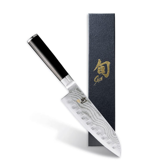 Shun Classic Cuchillo Santoku Multiusos VG-MAX 7" | Ebano Pakkawood, hendiduras suelo hueco, reduccion friccion, cortes suaves, hecho a mano Japon