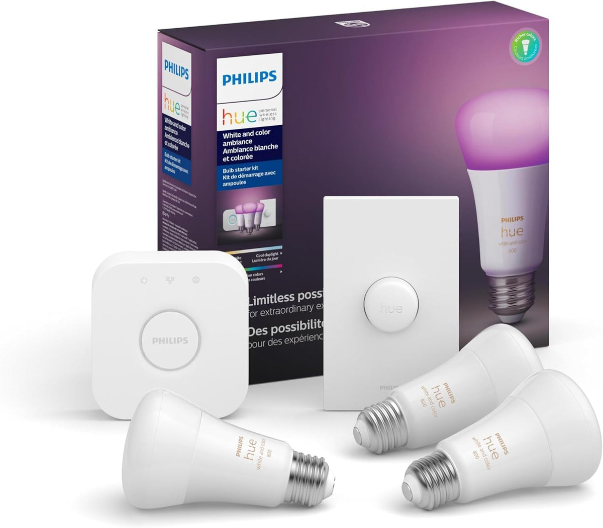 Philips Hue Set de 3 focos WCA 9.5w + Hue Bridge + Boton Inteligente