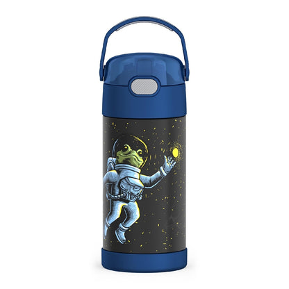 THERMOS FUNTAINER - Botella de agua con popote, 12 onzas, rana espacial, botella de agua aislada al aspiradora de acero inoxidable para niños con tapa