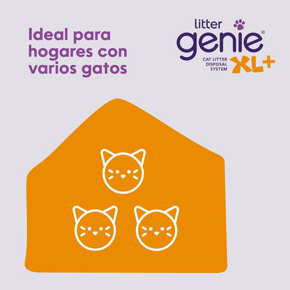Litter Genie Bote de Arena para Gatos XL + | Incluye un Recambio Jumbo Que Puede durar hasta 4 Meses, una Pala y un Soporte para Pala.