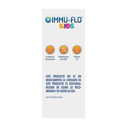 IMMU-FLO® KIDS Suplemento Alimenticio a base de L. rhamnosus GG, B. lactis BS01 + Vitamina D3 regulador del sistema inmune y ayuda a previenir alergias