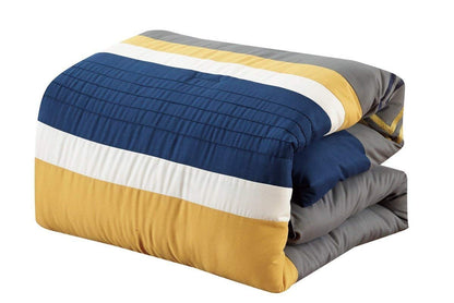 Chezmoi Collection Arden - Juego de edredón Moderno de 7 Piezas con diseño de Rayas Plisadas Bordadas en Zigzag (California King, Azul Marino/Gris/Amarillo/Blanco)