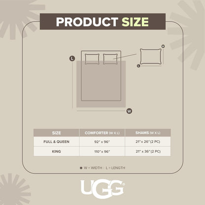 UGG 13079 Kenzie - Juego de edredón de tamaño matrimonial, Suave, Lujoso, Estilo Hotel, cómodo y con Dos Fundas de Almohada, matrimonial/Queen, Nieve