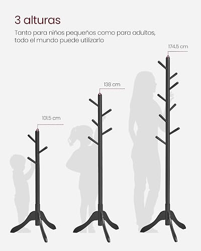 VASAGLE URCR001B01 - Perchero de madera maciza con 8 ganchos,3 opciones de altura,para ropa,sombreros,bolsos,sala de estar,recámara,oficina en casa,oficina,color negro tinta.