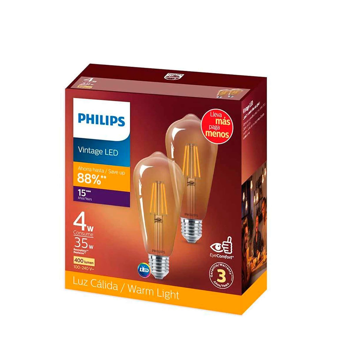 Philips LED Foco filamento ST64 35W Luz Cálida 2pack