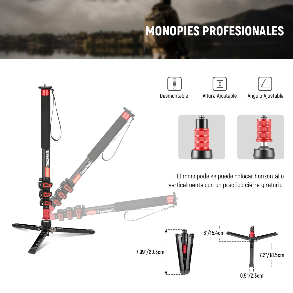NEEWER 71,6" Monopié Cámara, Trípode Viaje Ligero Fibra Carbono con Base Desmontable para Grabación Video con Videocámara DSLR, Palo Selfie Telescópico y Trekking Bastón, Carga Máxima 6kg, TP71