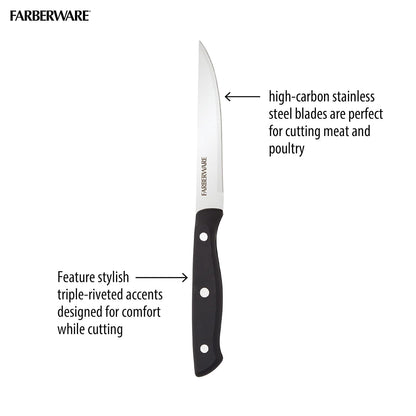 Farberware Juego de Cuchillos de Carne 6 Pzs | Acero inoxidable alto carbono, negro, 4.5 in, triple remachado, borde fino