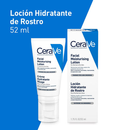 CeraVe Loción Facial PM, Crema Reparadora de Noche con Textura Ultraligera, Fórmula con Ácido Hialurónico y Niacinamida que Restaura la Barrera Cutánea, Piel Normal a Seca, 52 ml.
