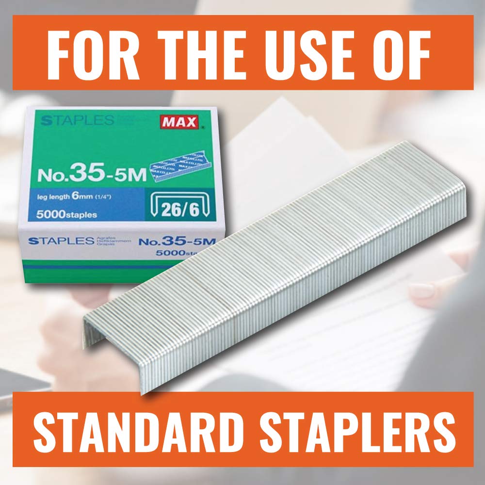 Grapas estándar Max 35-5M para EE.UU.; longitud de pierna: 6 mm (1/4 pulgadas), 100 grapas por palo, para uso con Max HD-50, HD-50R, HD-50F y otras grapadoras estándar, longitud de pierna de 0,6 cm, ancho de corona de 1,3 cm, 5000 unidades