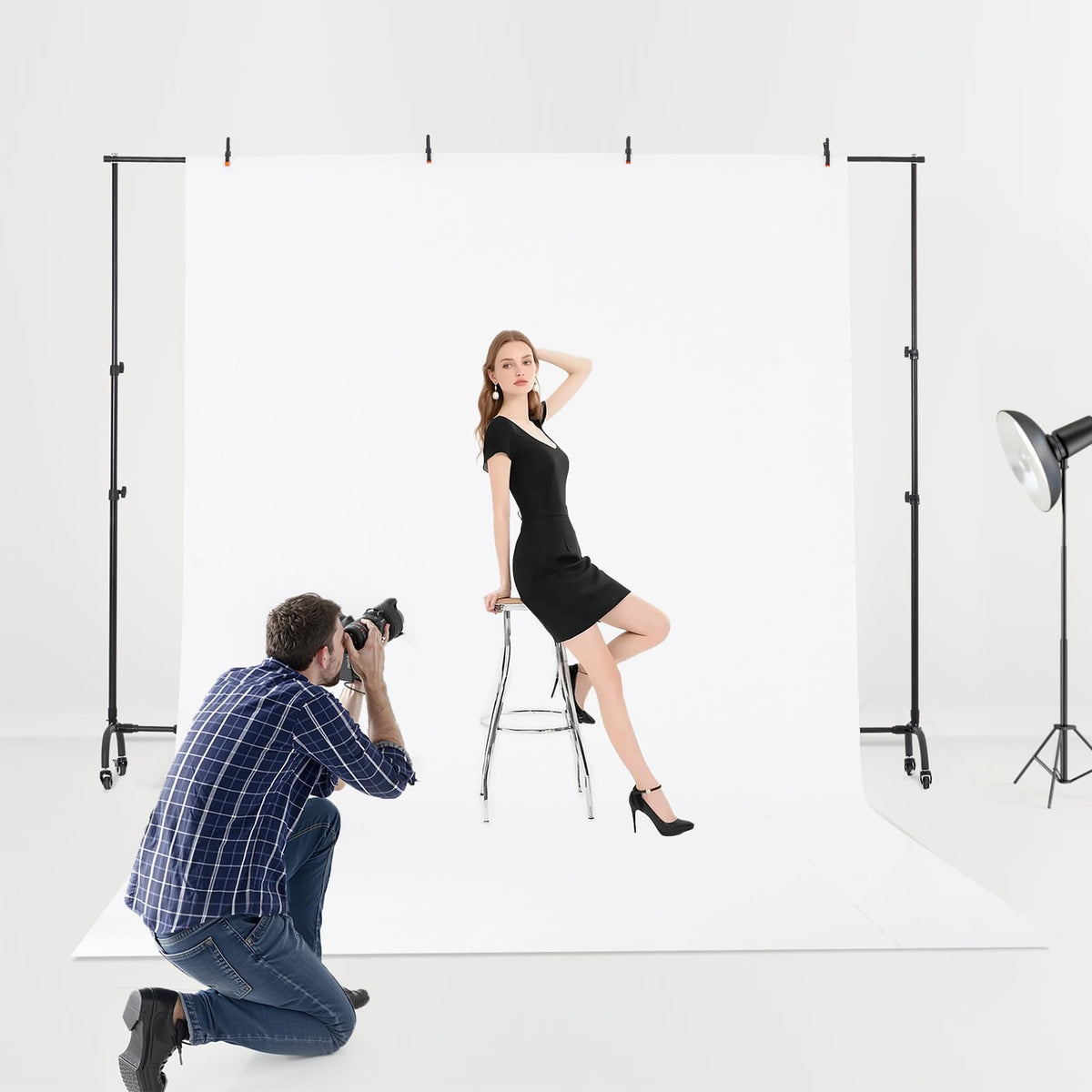 VEVOR Soporte de Fondo Ajustable para Tela de Fondo de Hasta 213 x 300 cm, Soporte Portátil de Altura Ajustable de 95,5-213 cm con Ruedas para Fotografía Familiar, Estudio de Fotografía, Negro