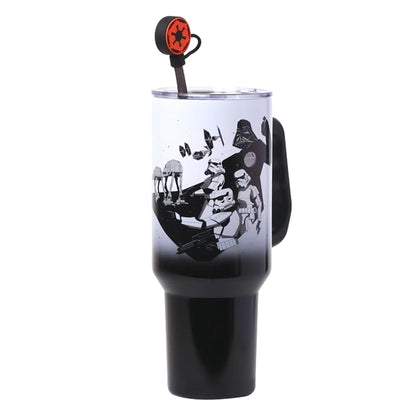 Silver Buffalo Star Wars Hip Street Dark Side Vader - Vaso de acero inoxidable con tapa para popote, tapa, popote y asa, 40 onzas