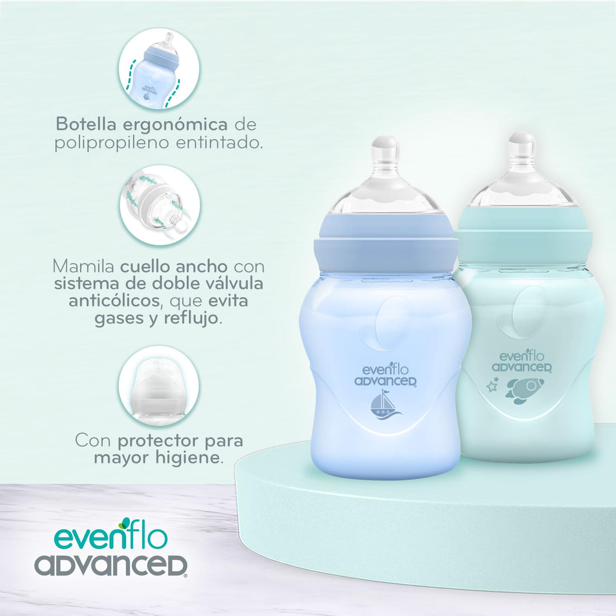 Evenflo Advanced Biberón Anticólicos Avanzado, Cuello Ancho, Azul y Verde Turquesa, Silicón Grado Alimenticio, 150ml, Sistema Doble Válvula, Flujo Lento, para Bebés 0-3 Meses, Paquete de 2 Piezas