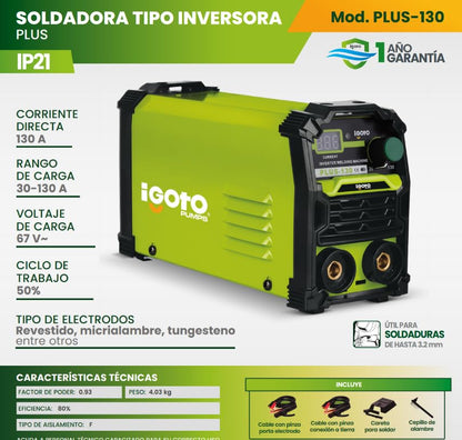 Igoto PLUS130 Soldadora Inversora Máquina para Soldar Pantalla Digital Compatible con Electrodos hasta 3.2 mm, Incluye Cables, Careta y Cepillo