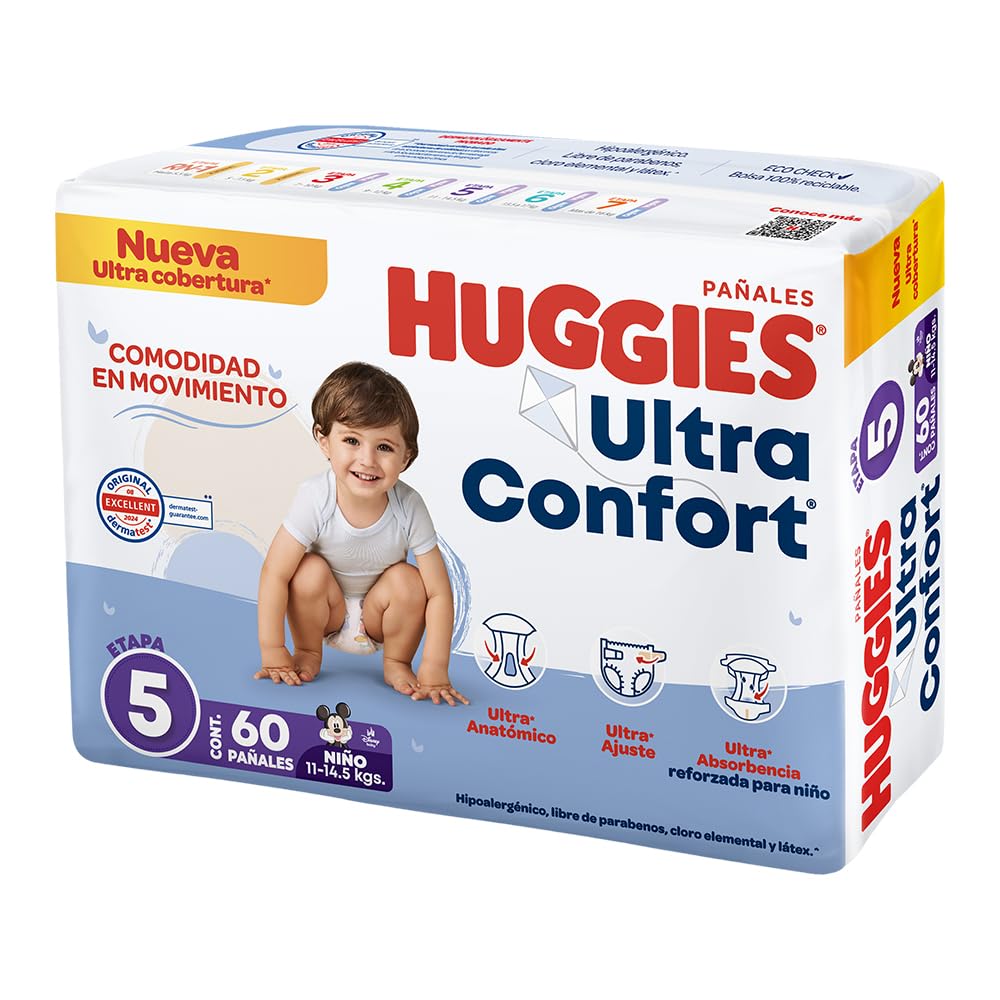 Huggies UltraConfort Pañal Desechable para Bebé, Etapa 5 Niño, Paquete con 180 Piezas, Ideal para niñas de 11 a 14.5kg