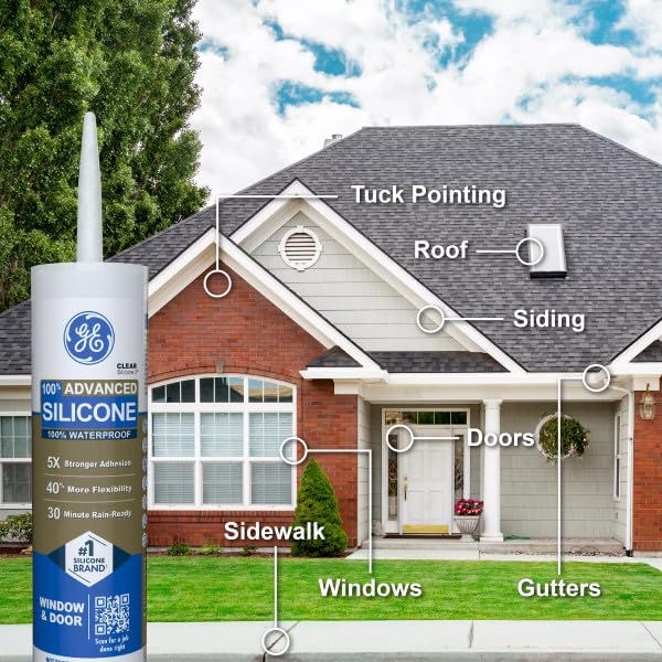 GE Advanced - Calafateo de silicona para ventana y puerta, transparente, cartucho de 10 onzas líquidas, 1 paquete - Sellador de silicona 100% impermeable, 5 veces más fuerte, a prueba de encogimiento