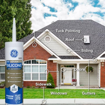 GE Advanced - Calafateo de silicona para ventana y puerta, transparente, cartucho de 10 onzas líquidas, 1 paquete - Sellador de silicona 100% impermeable, 5 veces más fuerte, a prueba de encogimiento
