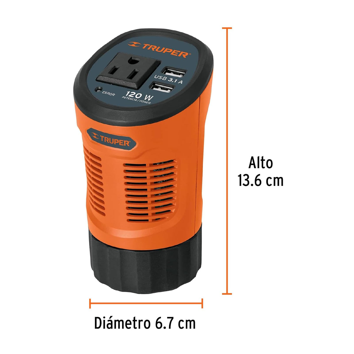 Truper INCO-120, Inversor de corriente 120 W tipo vaso 2 puertos USB