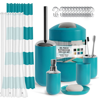 CLARA CLARK - Juego de Accesorios de baño, Juego de Cortina de Ducha, dispensador de jabón, Cepillo para Polvo de Inodoro y Bote de Basura (Gris, Juego Completo + Alfombras de baño) - Complete Set - Verde azulado