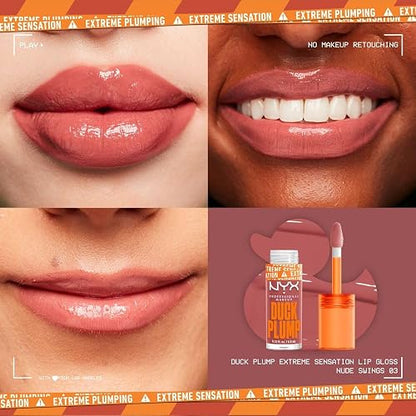 NYX Duck Plump Brillo Voluminizador Efecto Plumping, Tono 03 Nude Swings | Brillo voluminizador de NYX Professional Makeup, para lucir labios con color brillante y visiblemente más rellenos.
