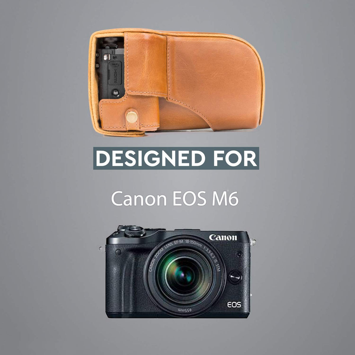 MegaGear MG1181 Estuche Ever Ready, Funda de cuero, de pronto uso, con correa compatible con Canon EOS M6 (18-150 mm) - Marrón Claro