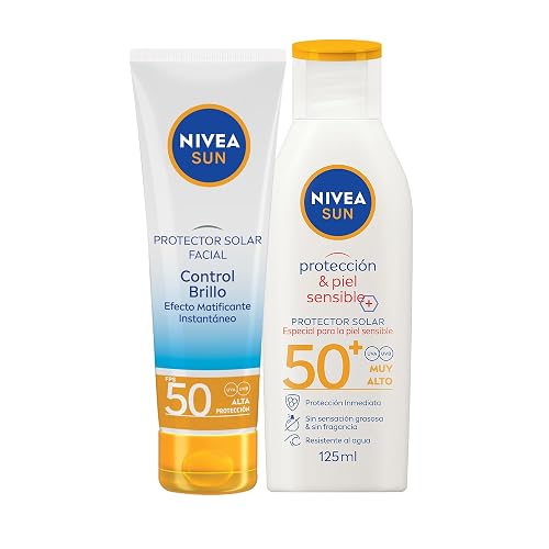 NIVEA SUN Protector Solar Facial Control De Brillo (50 ml), con Efecto Matificante de Larga Duración + SUN Protector Solar Corporal Protect & Sensitive (125 ml) Loción Solar en Spray