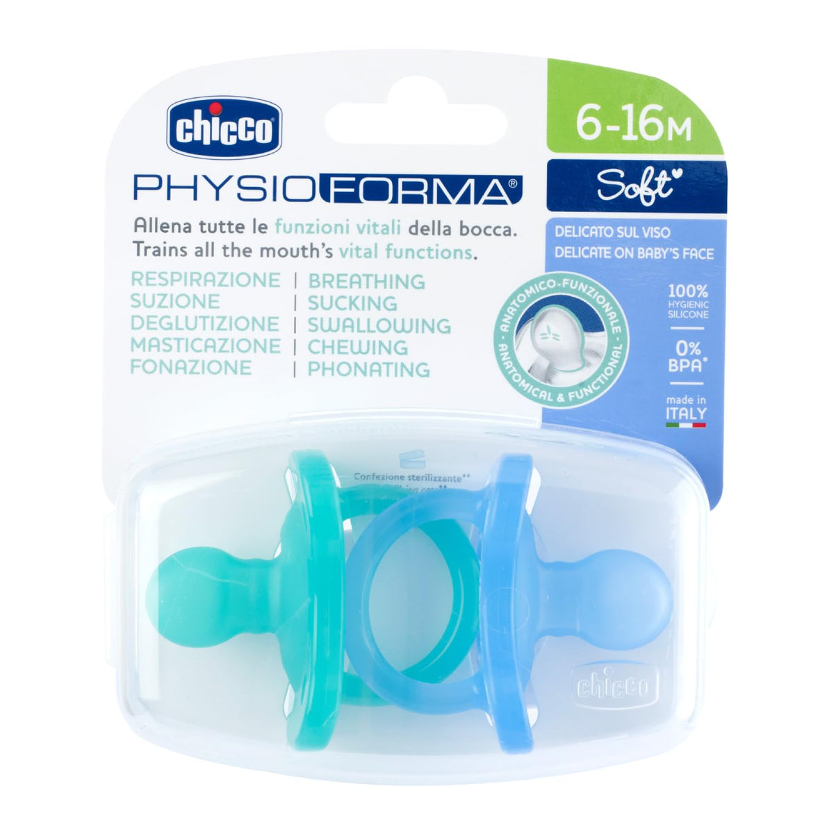 Chicco PhysioForma Chupón de Silicona 6-16 Meses, 2 Piezas - 6-16 meses - Azul - Verde