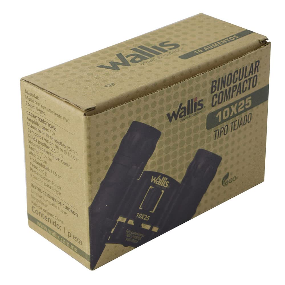 Wallis BI610307 Binocular Compacto Tipo Tejado, Negro, 10 x 25 mm, Revestimiento Rubicon